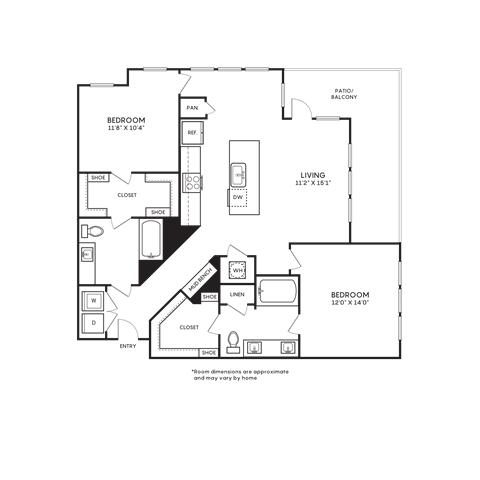Floor plan for 2 beds, 2 baths, 1203 sqft